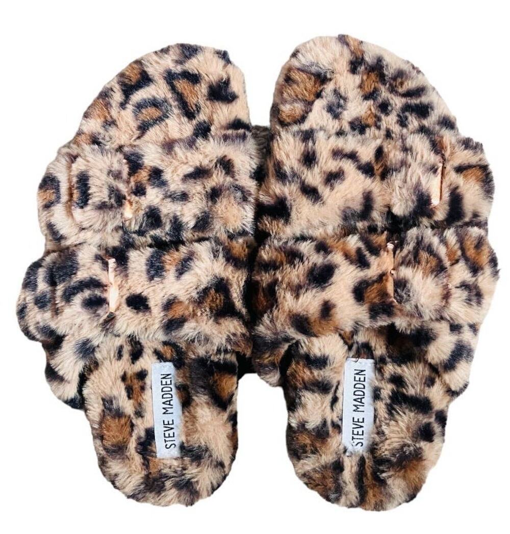Steve Madden Fuzzy Tan Black Leopard Slippers Size 6